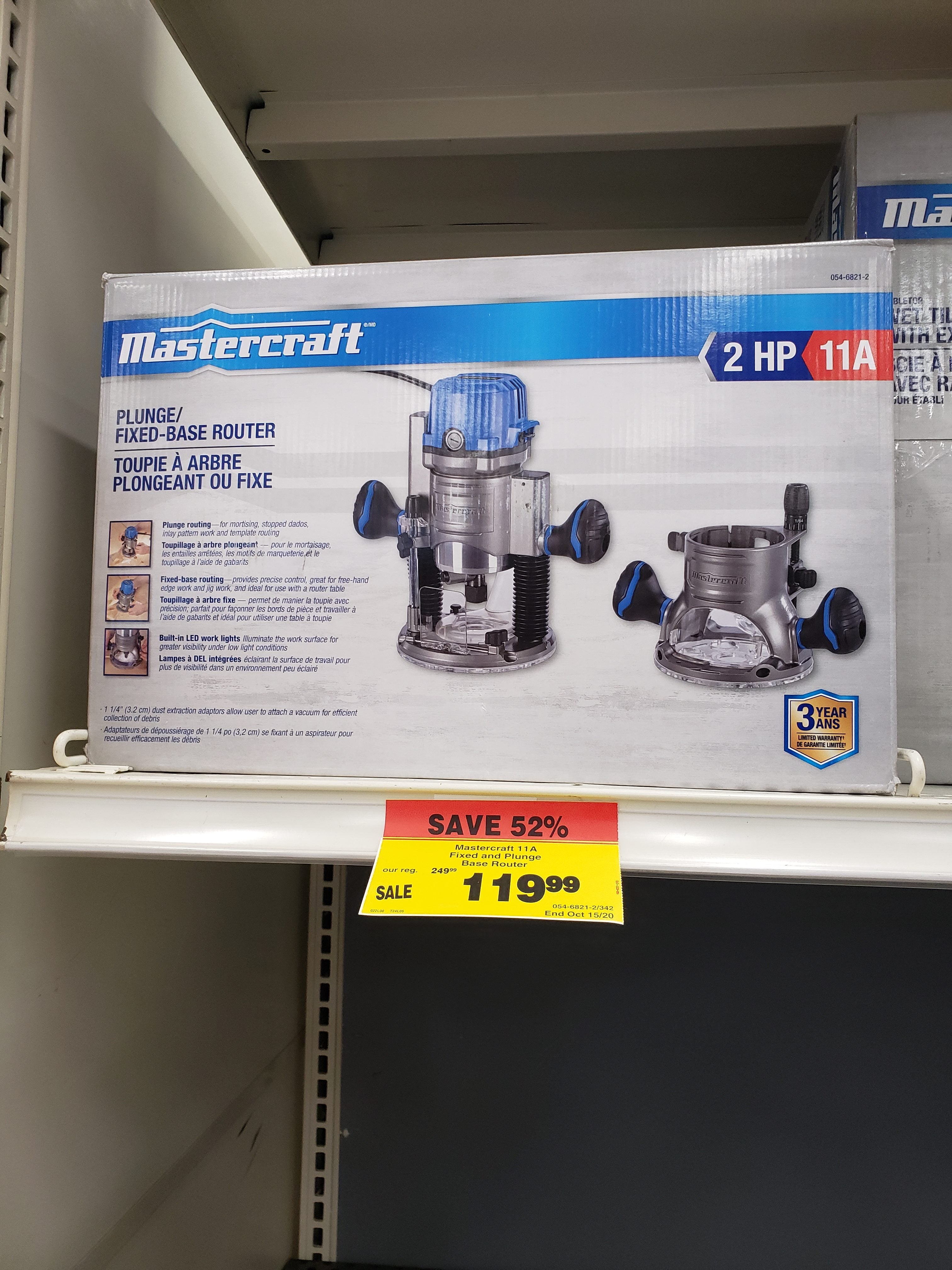 [Canadian Tire] Mastercraft fixed & plunge base router $119.99
