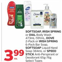 Softsoap, Irisih Spring Or Dial Body Wash, Dove Or Irish Spring Bar Soap, Softsoap Liquid Hand Soap Or Speed Stick Anti-perspirant Or Deodorant