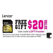 Free Lofty Memory Card Reader w/ Purchase of Lexar Class 10 64GB SDXC UHS-1 Memory Card