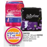 Carefree Liners or Stayfree Pads - Buy 1 Get 1 Free
